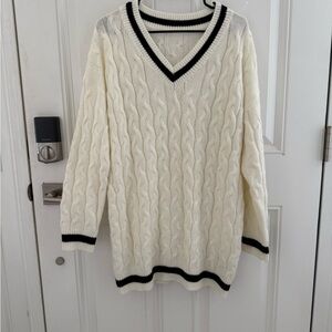 V-Neck Cable Knit Sweater - Cream and Black